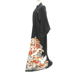 Tomesode Vintage(1920-1950) Black Hand painted Crane Birds Silk #10407A2