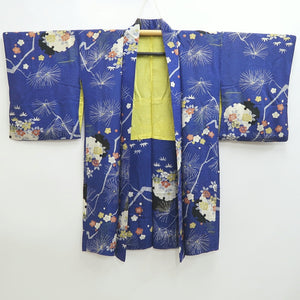 Haori Jacket Vintage(1920-1950) Blue Pine Tree Plum blossom Long Silk #9964C1