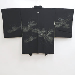 Haori Jacket Vintage(1950-1980) Black Silver Plum blossom Branch Silk #10012C3