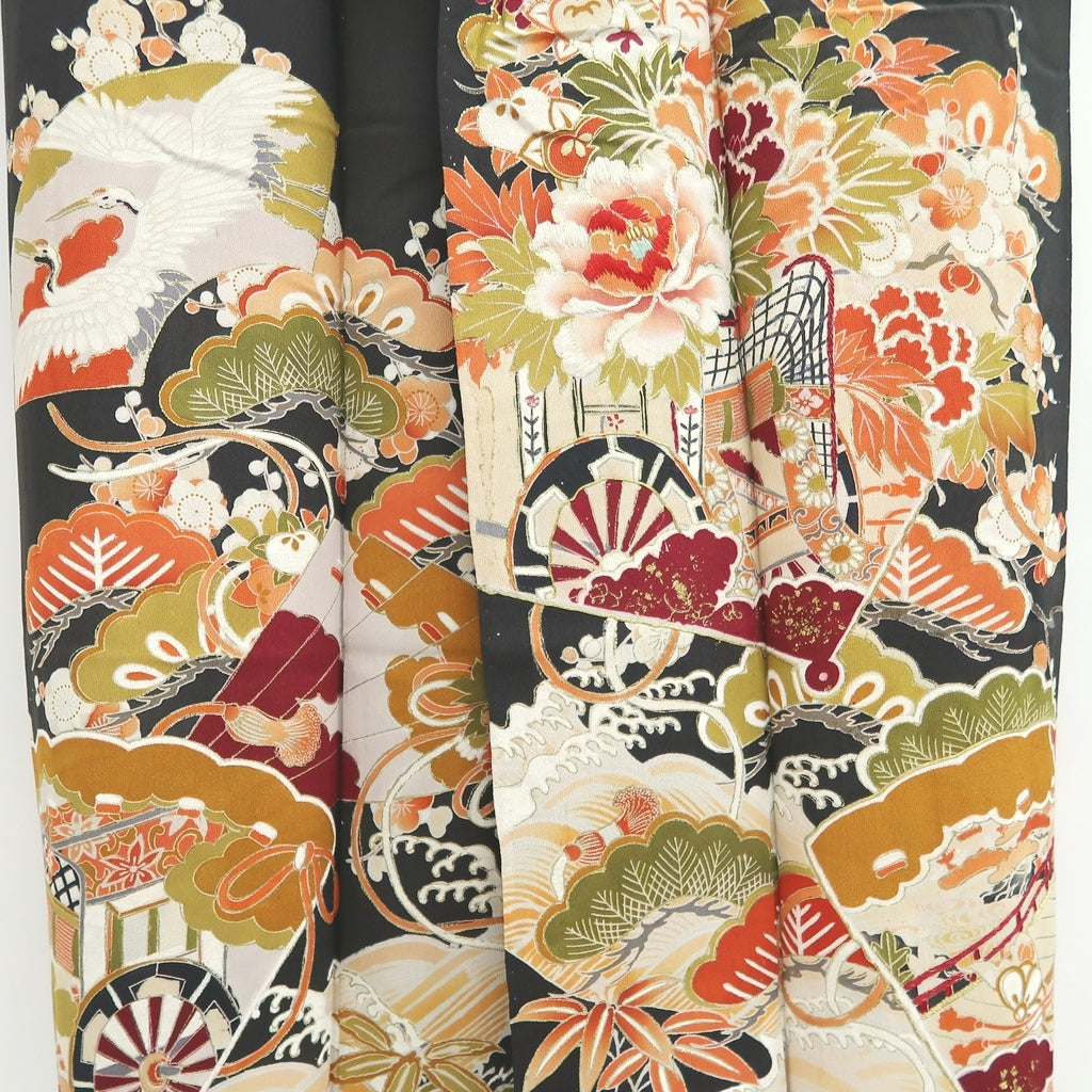 Tomesode Vintage(1920-1950) Black Crane Birds Hand painted Silk #10498B1