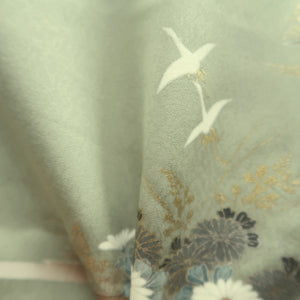 Kimono Pale Green Crane Birds Pine Tree Silk #9661J2