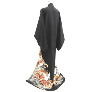 Tomesode Vintage(1920-1950) Black Hand painted Crane Birds Silk #10407A2
