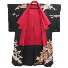 Load image into Gallery viewer, Tomesode Vintage(1920-1950) Black Crane Birds Hand painted Silk #10498B1
