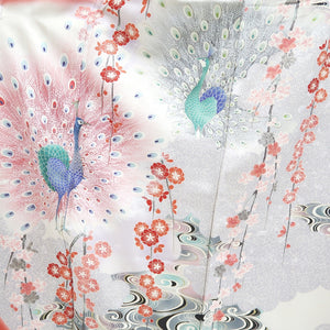 Furisode Light Red Plum blossom Peacock Tall Silk #10558B4