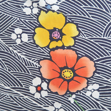 Load image into Gallery viewer, Yukata Vintage(1950-1980) Navy White Floral pattern Wave Cotton #11103B1
