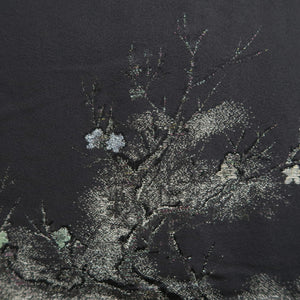 Haori Jacket Vintage(1950-1980) Black Silver Plum blossom Branch Silk #10012C3