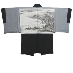 Men's Haori Vintage(1950-1980) Black Montsuki Landscape Silk #10288E4