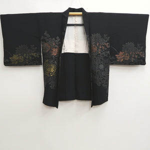 Haori Jacket Vintage(1950-1980) Black Silver Gold Chrysanthemum Silk #10058D1