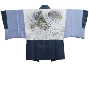 Men's Haori Vintage(1950-1980) Blue Black Dragon Curling Wave Silk #10442A3