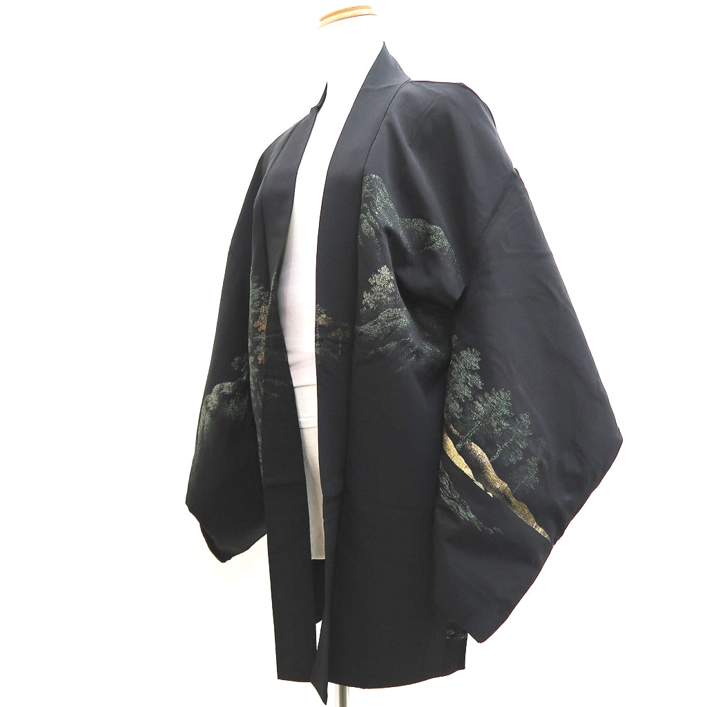 Haori Jacket Vintage(1950-1980) Black Tree Mountain Landscape Silk #9776A4