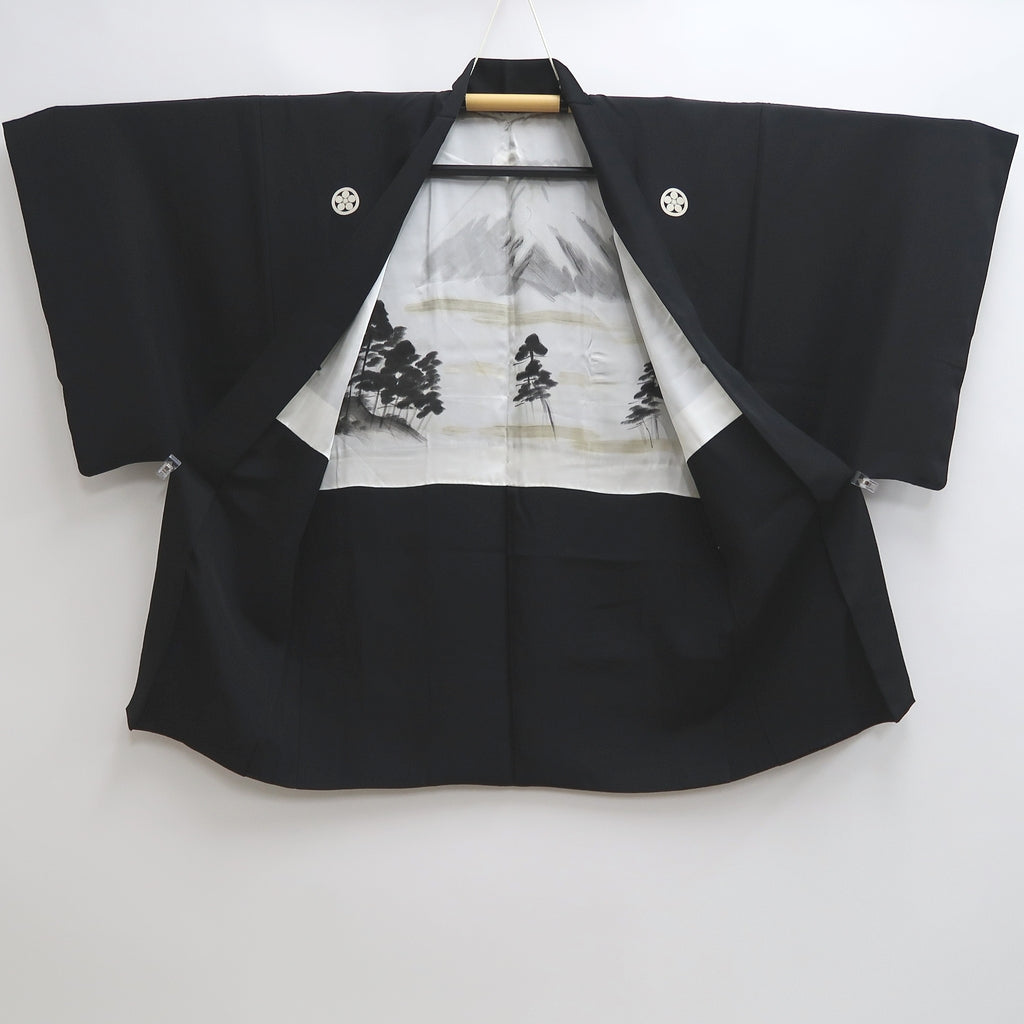 Men's Haori Vintage(1950-1980) Black Habutae Landscape Silk #9987C2