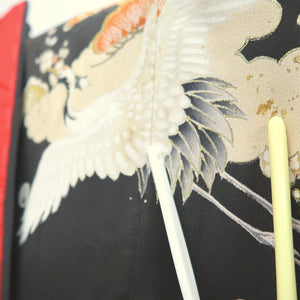 Tomesode Vintage(1920-1950) Black Crane Birds Hand painted Silk #10498B1
