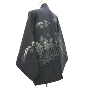 Haori Jacket Vintage(1950-1980) Black Tree Mountain Landscape Silk #9776A4