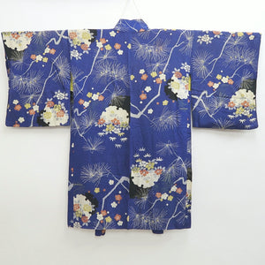 Haori Jacket Vintage(1920-1950) Blue Pine Tree Plum blossom Long Silk #9964C1