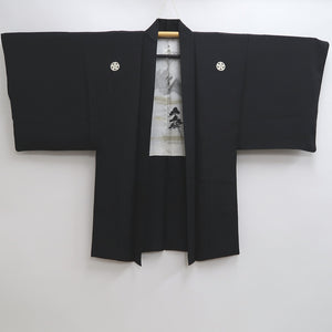 Men's Haori Vintage(1950-1980) Black Habutae Landscape Silk #9987C2