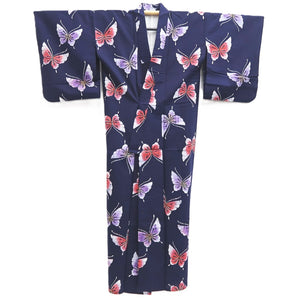 Yukata Vintage(1950-1980) Navy Butterfly Cotton #10491B1