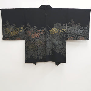 Haori Jacket Vintage(1950-1980) Black Silver Gold Chrysanthemum Silk #10058D1