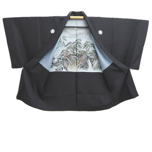 Men's Haori Vintage(1950-1980) Black Montsuki Landscape Silk #10417A2