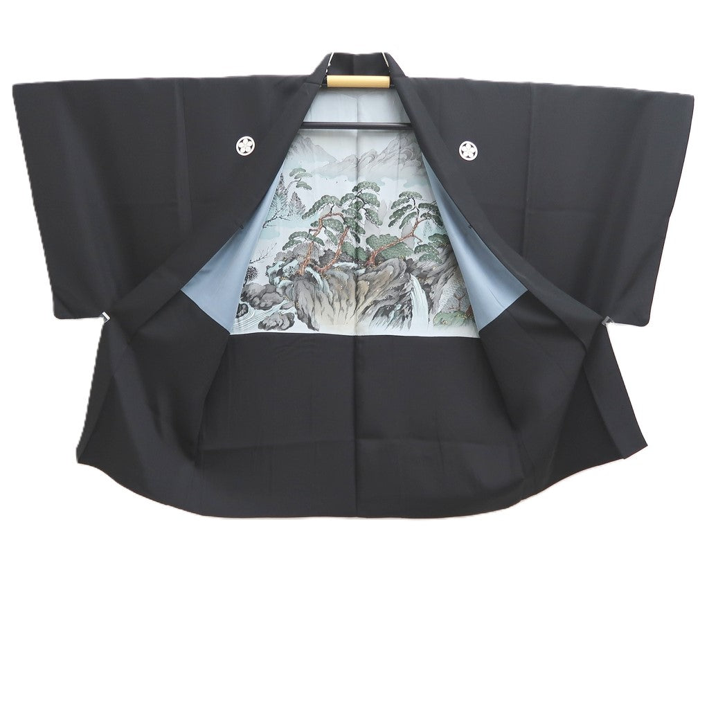 Men's Haori Vintage(1950-1980) Black Montsuki Landscape Silk #10417A2