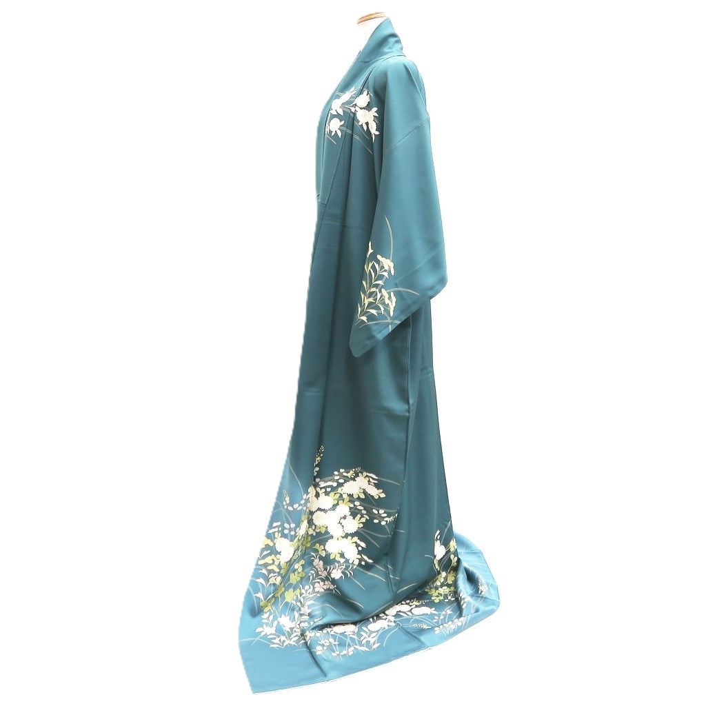 Kimono Blueish Green Chrysanthemum Nadeshiko Silk #10539B3