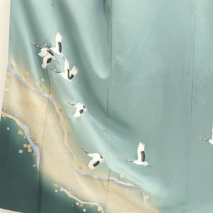 Kimono Blueish Green Crane Birds Tall Silk #9951C1