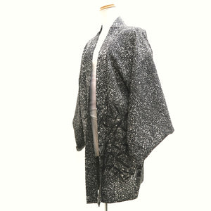 Haori Jacket Vintage(1950-1980) Black White Leaves Embroidery Silk #10119D2