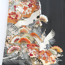 Load image into Gallery viewer, Tomesode Vintage(1920-1950) Black Hand painted Crane Birds Silk #10407A2
