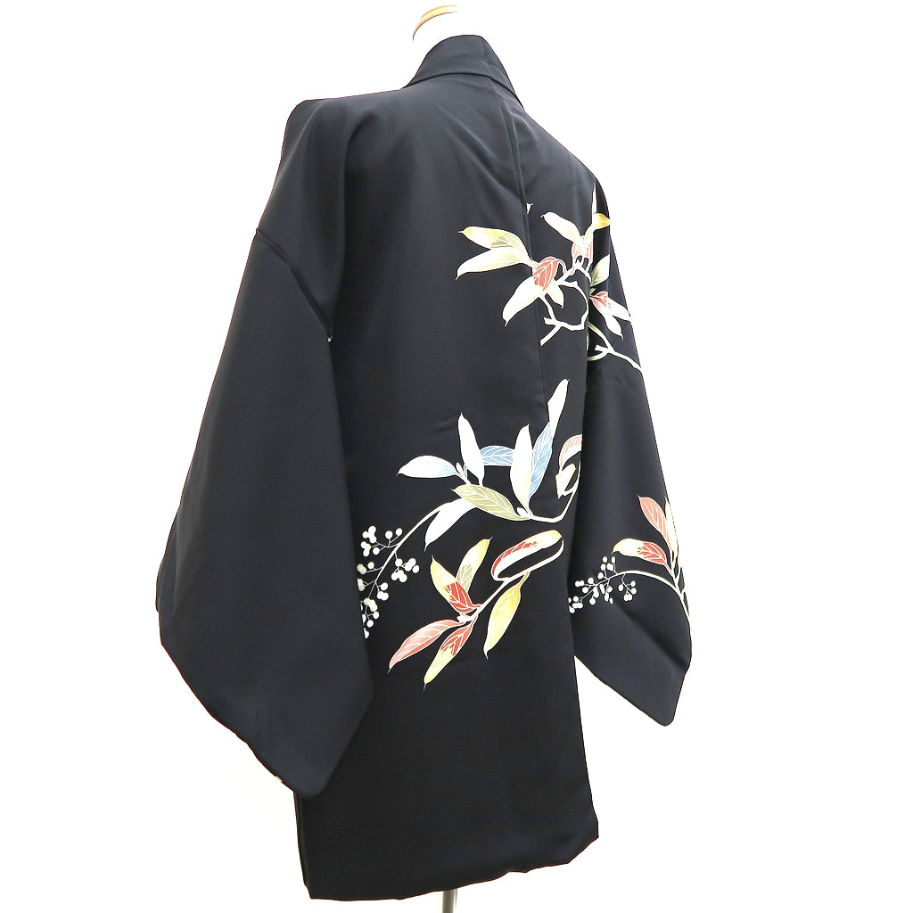 Haori Jacket Vintage(1950-1980) Black Branch Leaves Silk #9859B2