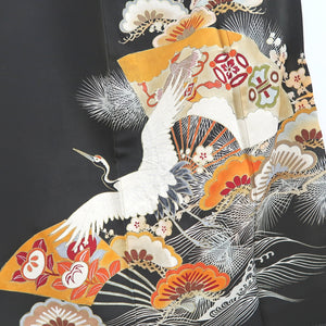 Tomesode Vintage(1920-1950) Black Hand painted Crane Birds Silk #10407A2