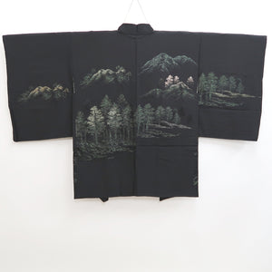 Haori Jacket Vintage(1950-1980) Black Tree Mountain Landscape Silk #9776A4
