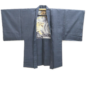 Men's Haori Vintage(1950-1980) Blue Black Dragon Tiger Silk #10289E4