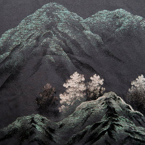 Haori Jacket Vintage(1950-1980) Black Tree Mountain Landscape Silk #9776A4