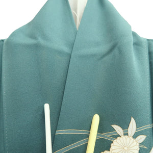Kimono Blueish Green Chrysanthemum Nadeshiko Silk #10539B3