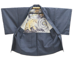 Men's Haori Vintage(1950-1980) Blue Black Dragon Tiger Silk #10289E4