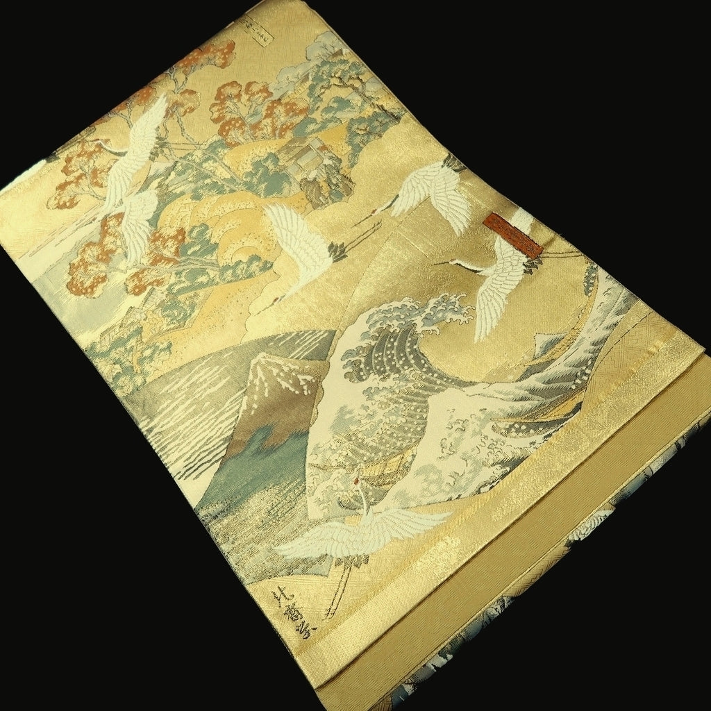 Fukuro Obi Gold Hokusai Ukiyoe Crane Birds Silk BB348W1