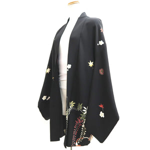Haori Jacket Vintage(1950-1980) Black Hand painted Ume Kiku Silk #9889B3
