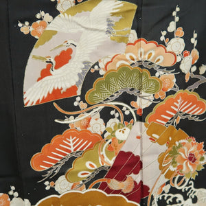 Tomesode Vintage(1920-1950) Black Crane Birds Hand painted Silk #10498B1