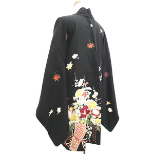 Haori Jacket Vintage(1950-1980) Black Hand painted Ume Kiku Silk #9889B3