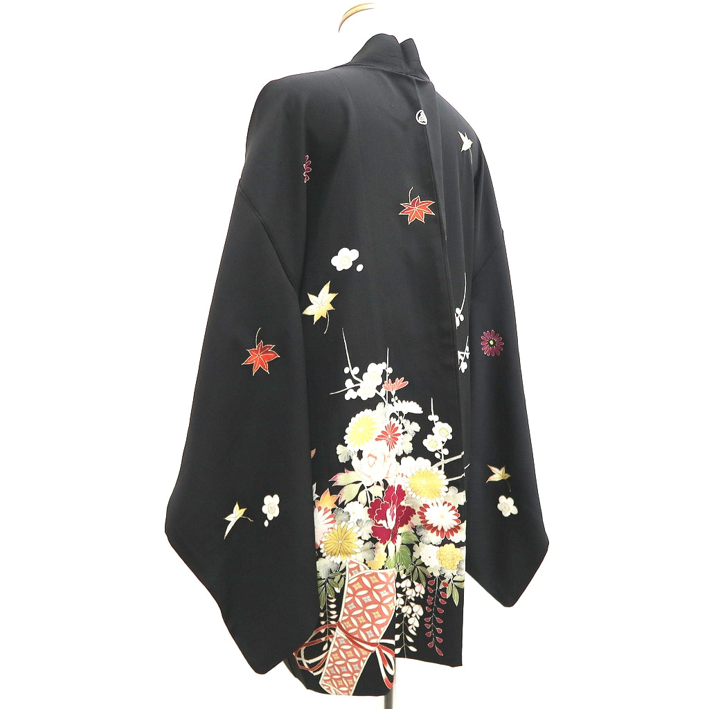 Haori Jacket Vintage(1950-1980) Black Hand painted Ume Kiku Silk #9889B3