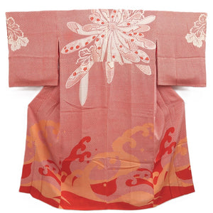 Juban Vintage(1920-1950) Vermillion Chrysanthemum Curling Wave Silk #10373F4