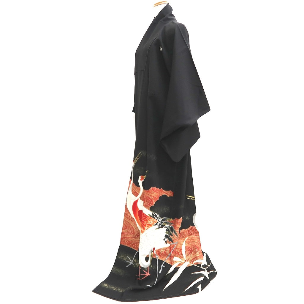 Tomesode Vintage(1920-1950) Black Hand painted Crane Birds Silk #10408A2