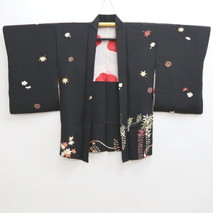 Haori Jacket Vintage(1950-1980) Black Hand painted Ume Kiku Silk #9889B3
