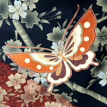 Load image into Gallery viewer, Furisode Black Red Gold Butterfly Cherry Blossom Tall Silk #11087B1
