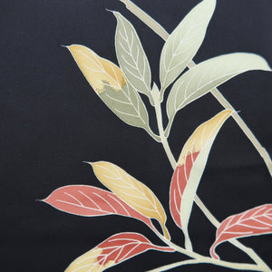 Haori Jacket Vintage(1950-1980) Black Branch Leaves Silk #9859B2