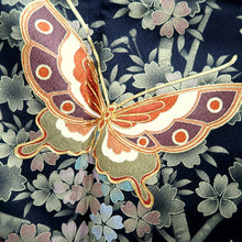 Load image into Gallery viewer, Furisode Black Red Gold Butterfly Cherry Blossom Tall Silk #11087B1
