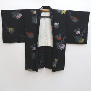 Haori Jacket Vintage(1950-1980) Black Gold Silver Flower Silk #10059D1