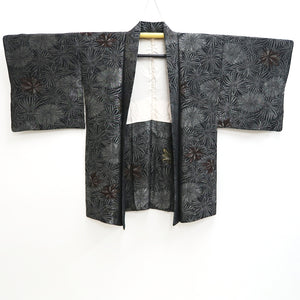 Haori Jacket Vintage(1950-1980) Black Silver Gold Chrysanthemum Kikuzukushi Silk #9762A3