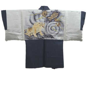Men's Haori Vintage(1950-1980) Blue Black Dragon Tiger Silk #10289E4