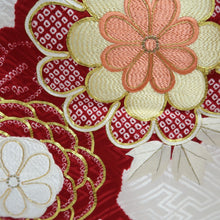 Load image into Gallery viewer, Furisode Red White Gold Shibori Embroidery Silk #10568B4
