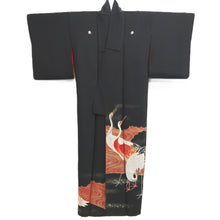 Load image into Gallery viewer, Tomesode Vintage(1920-1950) Black Hand painted Crane Birds Silk #10408A2
